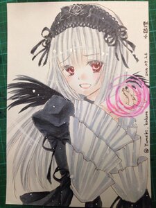 Rating: Safe Score: 0 Tags: 1girl :d bangs black_wings blush dated dress eyebrows_visible_through_hair flower frills hairband image lolita_hairband long_hair long_sleeves looking_at_viewer open_mouth photo puffy_sleeves red_eyes rose simple_background smile solo suigintou traditional_media upper_body wings User: admin