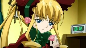 Rating: Safe Score: 0 Tags: 1girl bangs blonde_hair blue_eyes bonnet bow bowtie cup flower green_bow holding image long_hair long_sleeves looking_at_viewer pink_rose rose shinku sidelocks solo twintails upper_body User: admin