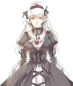 Rating: Safe Score: 0 Tags: 1girl cowboy_shot dress flower frills hairband image juliet_sleeves long_hair long_sleeves looking_at_viewer pink_eyes puffy_sleeves rose silver_hair simple_background solo suigintou white_background User: admin