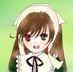 Rating: Safe Score: 0 Tags: 1girl :d black_ribbon brown_hair dress frills green_background green_eyes head_scarf image long_hair long_sleeves looking_at_viewer open_mouth red_eyes simple_background smile solo suiseiseki upper_body User: admin