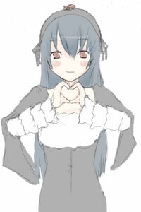 Rating: Safe Score: 0 Tags: 1girl bangs black_dress black_hair blush brown_eyes closed_mouth dress eyebrows_visible_through_hair hair_ornament hairband heart heart_hands image long_hair long_sleeves looking_at_viewer simple_background smile solo striped suigintou upper_body white_background User: admin
