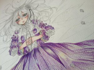 Rating: Safe Score: 0 Tags: 1girl dress flower frills hair_flower hair_ornament image long_hair lying purple_dress solo suigintou traditional_media User: admin