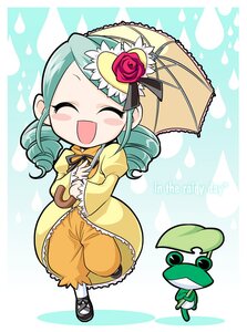 Rating: Safe Score: 0 Tags: 1girl ^_^ blush character_name chibi closed_eyes dress drill_hair flower green_hair holding_umbrella image kanaria long_hair open_mouth parasol rain rose smile solo twin_drills umbrella User: admin