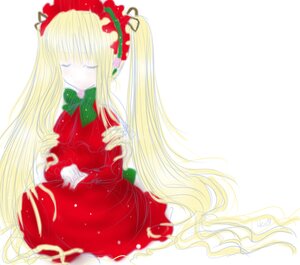 Rating: Safe Score: 0 Tags: 1girl blonde_hair bow bowtie closed_eyes dress flower image long_hair long_sleeves red_dress shinku simple_background sitting solo twintails very_long_hair User: admin