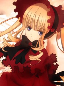 Rating: Safe Score: 0 Tags: 1 1girl blonde_hair blue_eyes bonnet bow bowtie dress drill_hair flower image long_hair long_sleeves looking_at_viewer red_dress rose shinku solo User: admin
