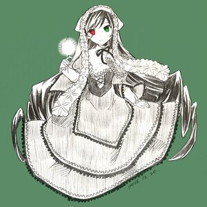 Rating: Safe Score: 0 Tags: 1girl choker dress frills green_background green_eyes heterochromia image lolita_fashion long_hair long_sleeves looking_at_viewer monochrome red_eyes ribbon simple_background solo spot_color suiseiseki very_long_hair User: admin