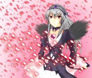 Rating: Safe Score: 0 Tags: 1girl black_dress black_wings detached_collar dress flower frills from_above hairband image juliet_sleeves long_hair long_sleeves looking_at_viewer petals pink_eyes puffy_sleeves rose_petals silver_hair smile solo suigintou wings User: admin