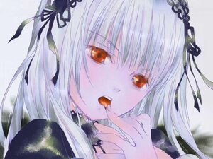 Rating: Safe Score: 0 Tags: 1girl bangs black_ribbon eyebrows_visible_through_hair flower hair_ribbon image long_hair looking_at_viewer ribbon rose silver_hair solo suigintou traditional_media User: admin