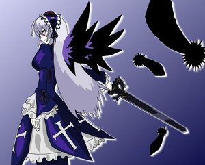 Rating: Safe Score: 0 Tags: 1girl dress feathers frilled_sleeves frills hairband image long_hair long_sleeves looking_back pink_eyes silver_hair solo standing suigintou sword very_long_hair weapon wings User: admin