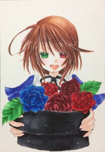 Rating: Safe Score: 0 Tags: 1girl blue_flower blue_rose bouquet brown_hair flower green_eyes heterochromia image open_mouth red_eyes red_rose rose short_hair smile solo souseiseki traditional_media User: admin