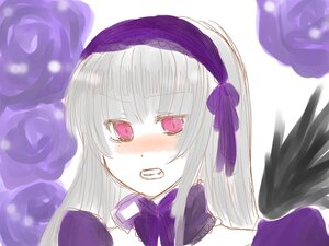 Rating: Safe Score: 0 Tags: 1girl black_wings blush bow feathered_wings flower hairband image long_hair looking_at_viewer purple_bow purple_flower purple_rose rose solo suigintou teeth white_background wings User: admin