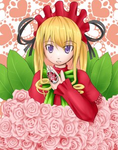 Rating: Safe Score: 0 Tags: 1girl blonde_hair bouquet dress flower heart heart_background image long_hair long_sleeves looking_at_viewer pink_flower pink_rose polka_dot polka_dot_background purple_eyes red_flower red_rose rose shinku solo valentine white_rose yellow_rose User: admin