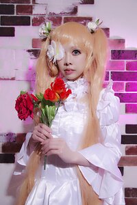 Rating: Safe Score: 0 Tags: 1girl blonde_hair blue_eyes bouquet dress flower hair_flower hair_ornament kirakishou lips long_hair realistic red_flower red_rose rose solo white_dress User: admin