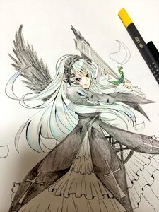 Rating: Safe Score: 0 Tags: 1girl black_wings dress flower frills hairband holding image lolita_hairband long_hair long_sleeves looking_at_viewer pink_eyes rose silver_hair smile solo suigintou very_long_hair wings User: admin