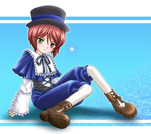 Rating: Safe Score: 0 Tags: 1girl blush boots brown_hair frills green_eyes hat heterochromia image long_sleeves looking_at_viewer pants red_eyes short_hair sitting solo souseiseki top_hat User: admin