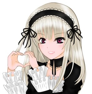 Rating: Safe Score: 3 Tags: 1girl black_ribbon blush choker frilled_sleeves frills gothic_lolita hairband heart heart_hands image lolita_fashion long_hair long_sleeves looking_at_viewer pink_eyes ribbon silver_hair simple_background smile solo suigintou upper_body white_background User: admin