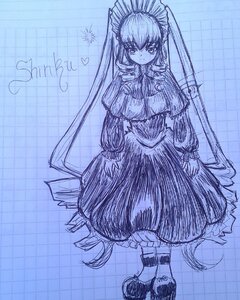 Rating: Safe Score: 0 Tags: 1girl auto_tagged blue_theme breasts dress image long_hair long_sleeves looking_at_viewer maid_headdress shinku sketch solo standing traditional_media twintails very_long_hair User: admin