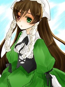 Rating: Safe Score: 0 Tags: 1girl black_ribbon brown_hair dress frills green_dress green_eyes hat head_scarf heterochromia image long_hair long_sleeves looking_at_viewer red_eyes ribbon solo suiseiseki very_long_hair User: admin