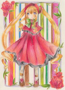 Rating: Safe Score: 0 Tags: 1girl blonde_hair blue_eyes blush bow bowtie dress flower green_bow image long_hair long_sleeves looking_at_viewer marker_(medium) millipen_(medium) pantyhose photo pink_flower pink_rose red_dress red_flower red_rose rose shinku shoes solo standing traditional_media twintails very_long_hair watercolor_(medium) User: admin