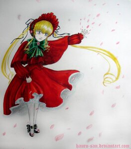 Rating: Safe Score: 0 Tags: 1girl blonde_hair blue_eyes bonnet bow bowtie dress flower full_body green_bow image long_hair long_sleeves pantyhose petals red_dress rose rose_petals shinku shoes solo standing twintails white_legwear User: admin