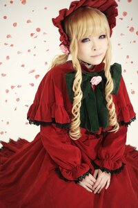 Rating: Safe Score: 0 Tags: 1girl blonde_hair blue_eyes bonnet capelet dress drill_hair flower long_hair long_sleeves looking_at_viewer petals red_capelet red_dress rose rose_petals shinku solo v_arms User: admin