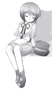 Rating: Safe Score: 0 Tags: 1girl blush boots closed_eyes dress frills full_body greyscale hat hat_removed headwear_removed image monochrome pantyhose ribbon short_hair sitting solo souseiseki striped vertical_stripes User: admin