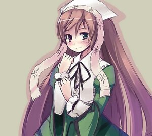 Rating: Safe Score: 0 Tags: 1girl blush braid brown_hair dress frills green_dress green_eyes hat head_scarf heterochromia image juliet_sleeves long_hair long_sleeves looking_at_viewer puffy_sleeves ribbon simple_background solo suiseiseki tears very_long_hair User: admin