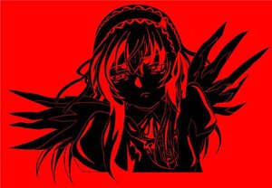 Rating: Safe Score: 0 Tags: 1girl hairband image lolita_hairband long_hair looking_at_viewer monochrome red_background red_border red_theme simple_background solo suigintou User: admin