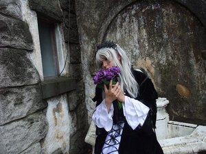 Rating: Safe Score: 0 Tags: 1girl black_dress bouquet closed_eyes dress flower hairband holding long_hair long_sleeves purple_flower purple_rose rose silver_hair solo standing suigintou User: admin