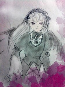 Rating: Safe Score: 0 Tags: 1girl dress flower frills hairband image long_hair long_sleeves looking_at_viewer monochrome purple_rose red_flower red_rose rose smile solo suigintou traditional_media wings User: admin