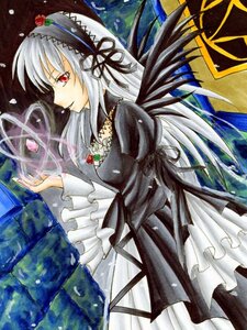 Rating: Safe Score: 0 Tags: 1girl black_dress black_ribbon black_wings dress flower frilled_sleeves frills hairband image long_hair long_sleeves marker_(medium) puffy_sleeves red_eyes rose silver_hair smile solo suigintou traditional_media wings User: admin