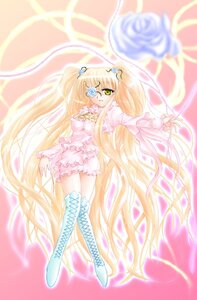 Rating: Safe Score: 0 Tags: 1girl blonde_hair blue_flower blue_rose boots bow cross-laced_footwear dress eyepatch flower frills full_body hair_ornament image kirakishou knee_boots long_hair rose solo twintails very_long_hair yellow_eyes User: admin