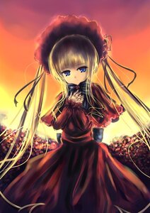 Rating: Safe Score: 0 Tags: 1girl abudala blonde_hair blue_eyes bonnet bow capelet commentary_request dress flower image long_hair long_sleeves looking_at_viewer pink_flower pink_rose red_capelet red_dress rose rozen_maiden shinku solo standing sunset twintails very_long_hair User: admin