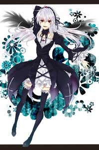 Rating: Safe Score: 0 Tags: 1girl black_legwear black_wings boots dress flower frills hairband image lolita_hairband long_hair long_sleeves red_eyes ribbon silver_hair solo suigintou thighhighs wings User: admin