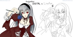 Rating: Safe Score: 0 Tags: 1girl blush breasts cleavage dress flower hairband image large_breasts long_hair long_sleeves red_eyes rose silver_hair solo suigintou User: admin