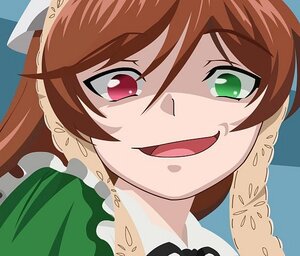 Rating: Safe Score: 0 Tags: 1girl :d brown_hair dress green_eyes image long_hair maid open_mouth red_eyes simple_background smile solo suiseiseki User: admin