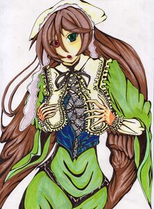 Rating: Safe Score: 0 Tags: 1girl brown_hair corset dress frills green_dress green_eyes hat heterochromia image long_hair long_sleeves open_mouth red_eyes solo standing suiseiseki underwear very_long_hair User: admin
