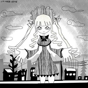 Rating: Safe Score: 0 Tags: 1girl bangs blunt_bangs bonnet cloud dress drill_hair greyscale long_hair monochrome smile solo twin_drills twintails User: admin