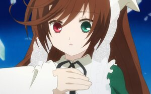 Rating: Safe Score: 0 Tags: 1girl :o black_ribbon brown_hair dress frills green_dress green_eyes heterochromia image long_hair long_sleeves looking_at_viewer open_mouth red_eyes ribbon solo suiseiseki User: admin