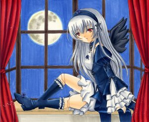 Rating: Safe Score: 0 Tags: 1girl boots curtains dress frills full_moon hairband image indoors knee_boots kneehighs long_hair long_sleeves looking_at_viewer marker_(medium) moon night red_eyes sitting sky solo suigintou traditional_media window User: admin