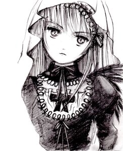 Rating: Safe Score: 0 Tags: 1girl closed_mouth greyscale image long_hair long_sleeves looking_at_viewer monochrome ribbon simple_background solo suigintou upper_body veil white_background User: admin