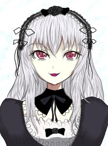 Rating: Safe Score: 3 Tags: 1girl black_bow bow detached_collar dress flower hairband image long_hair looking_at_viewer pink_eyes puffy_sleeves rose silver_hair smile solo suigintou upper_body User: admin
