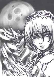 Rating: Safe Score: 0 Tags: 1girl auto_tagged full_moon greyscale image looking_at_viewer monochrome moon ribbon short_hair solo suigintou wings User: admin