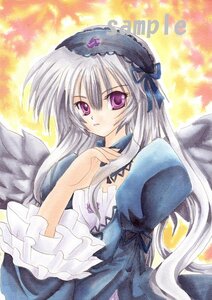 Rating: Safe Score: 0 Tags: 1girl black_wings dress flower frilled_sleeves frills hairband image long_hair long_sleeves looking_at_viewer marker_(medium) pink_eyes puffy_sleeves purple_eyes ribbon rose silver_hair solo suigintou traditional_media wings User: admin