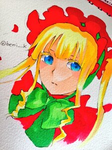 Rating: Safe Score: 0 Tags: 1girl bangs blonde_hair blue_eyes bonnet bow bowtie closed_mouth dress green_bow green_neckwear hat image long_hair looking_at_viewer marker_(medium) photo portrait shinku sidelocks solo traditional_media upper_body User: admin