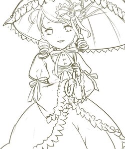 Rating: Safe Score: 0 Tags: 1girl blush dress drill_hair flower hair_ornament hat holding holding_umbrella image kanaria lineart monochrome parasol puffy_sleeves ribbon smile solo tomoe_mami twin_drills umbrella white_background User: admin