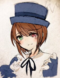 Rating: Safe Score: 0 Tags: 1girl bangs blue_dress blue_headwear blurry blurry_foreground brown_hair closed_mouth eyebrows_visible_through_hair green_eyes hat heterochromia image looking_at_viewer neck_ribbon red_eyes ribbon short_hair smile solo souseiseki upper_body User: admin
