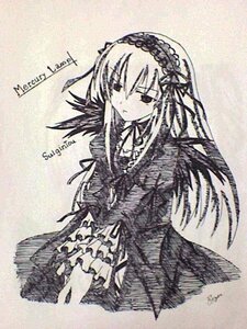 Rating: Safe Score: 0 Tags: 1girl dress flower frills hairband image long_hair long_sleeves ribbon rose solo suigintou traditional_media wings User: admin