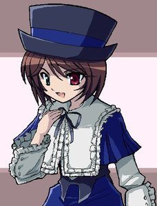 Rating: Safe Score: 0 Tags: 1girl :d brown_hair frills hat heterochromia image long_sleeves looking_at_viewer open_mouth red_eyes ribbon short_hair smile solo souseiseki suiseiseki top_hat User: admin