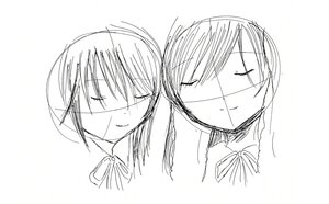 Rating: Safe Score: 0 Tags: 2girls closed_eyes greyscale image monochrome multiple_girls pair ribbon short_hair sketch smile souseiseki striped suiseiseki tomoe_mami white_background User: admin